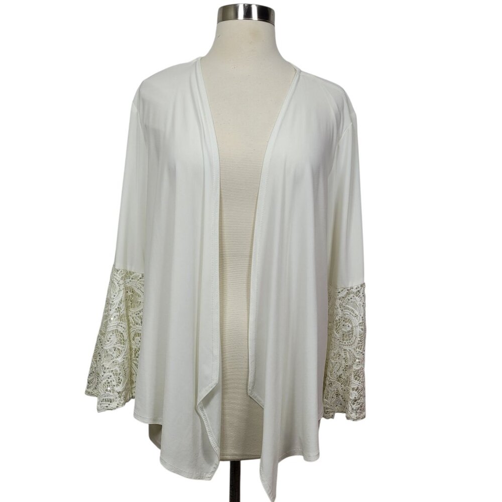 R&M Richards Off White Lace Sequin Flowy Bell Sleeve Open Front Cardigan XL
